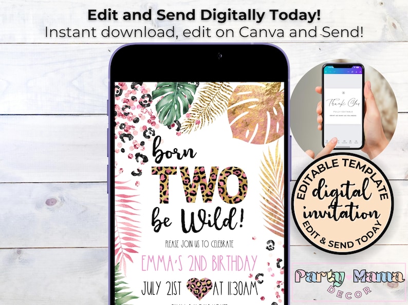 K&ouml;nnte beinhalten: Editierbare digitale Einladungsvorlage f&uuml;r eine zweite Geburtstagsfeier. Die Einladung hat ein Dschungel-Thema mit pinkem, goldenem und schwarzem Leopardenmuster. Der Text lautet "Born Two Be Wild!" und enth&auml;lt das Datum und die Uhrzeit der Party.