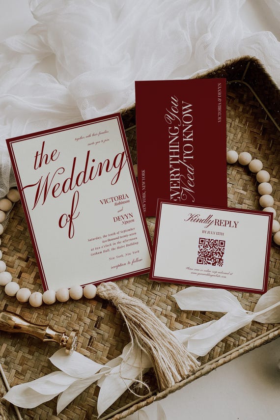 Timeless Wedding Invite Set, Editable Old Money Red Wedding Cards, Luxurious Invites