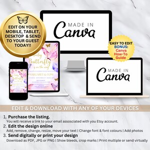 May include: A digital mockup of a computer screen and a smartphone displaying a baby shower invitation with a butterfly theme. The invitation is pink and purple with gold accents and features the text "Baby Butterfly is on the way". The text "Made in Canva" is displayed on the computer screen.