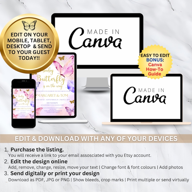 May include: A digital mockup of a computer screen and a smartphone displaying a baby shower invitation with a butterfly theme. The invitation is pink and purple with gold accents and features the text "Baby Butterfly is on the way". The text "Made in Canva" is displayed on the computer screen.