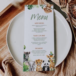 Cardápio Safari editável para chá de bebê, modelo de cardápio para chá de bebê Safari, cardápio de animais da selva para impressão, cardápio de jantar Safari, SFR2