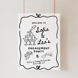 波型婚約パーティーサインテンプレート、DIY 気まぐれ婚約ウェルカムサイン、手描きシャンパンパーティーデコレーション、編集可能なウェディングサイン、WAVY