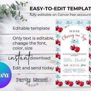 May include: A blue and white baby shower invitation with a cherry on top design. The text reads "He is the Cherry on Top" and "Please join us for a baby shower honoring Bella Hadid".