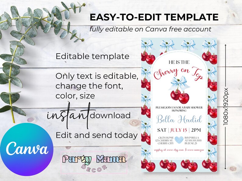 May include: A blue and white baby shower invitation with a cherry on top design. The text reads "He is the Cherry on Top" and "Please join us for a baby shower honoring Bella Hadid".