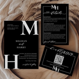 Bearbeitbares stilvolles schwarzes Hochzeitseinladungspaket, enthält formelle Einladung, Detailkarten, RSVP QR-Code, moderne Hochzeitseinladung