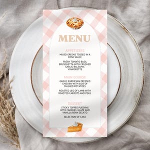 Menu editável de torta rosa fofa para chá de bebê, modelo de menu de chá de bebê xadrez rosa, cartão de menu para impressão, menu de jantar de torta fofa, CPIE