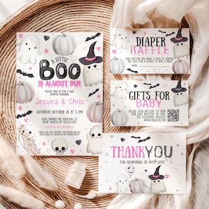Pink Little Boo Baby Shower Invitation Bundle, Editable Ghost Halloween Baby Shower Invite, Halloween Baby Shower Invite Template, PGHT