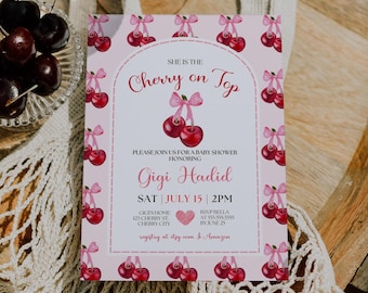 Cherry Baby Shower Invitation, Pink Bow Design (Digital Download)