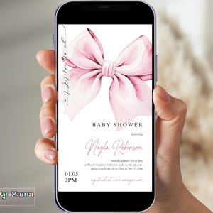 Pink Preppy Baby Shower Text Message Invitation, Digital Pink Bow E-Invite for Baby Shower Party, Editable Baby Girl Invite Template