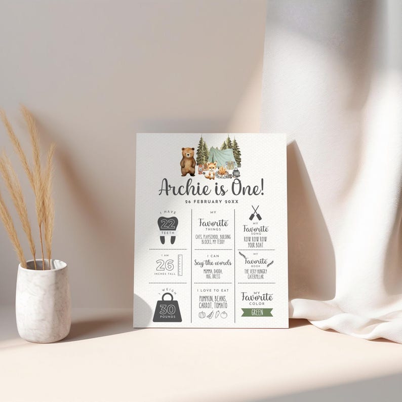 Happy Camper 1st Birthday Milestone Sign, Woodland Animals (Printable Template) image 2