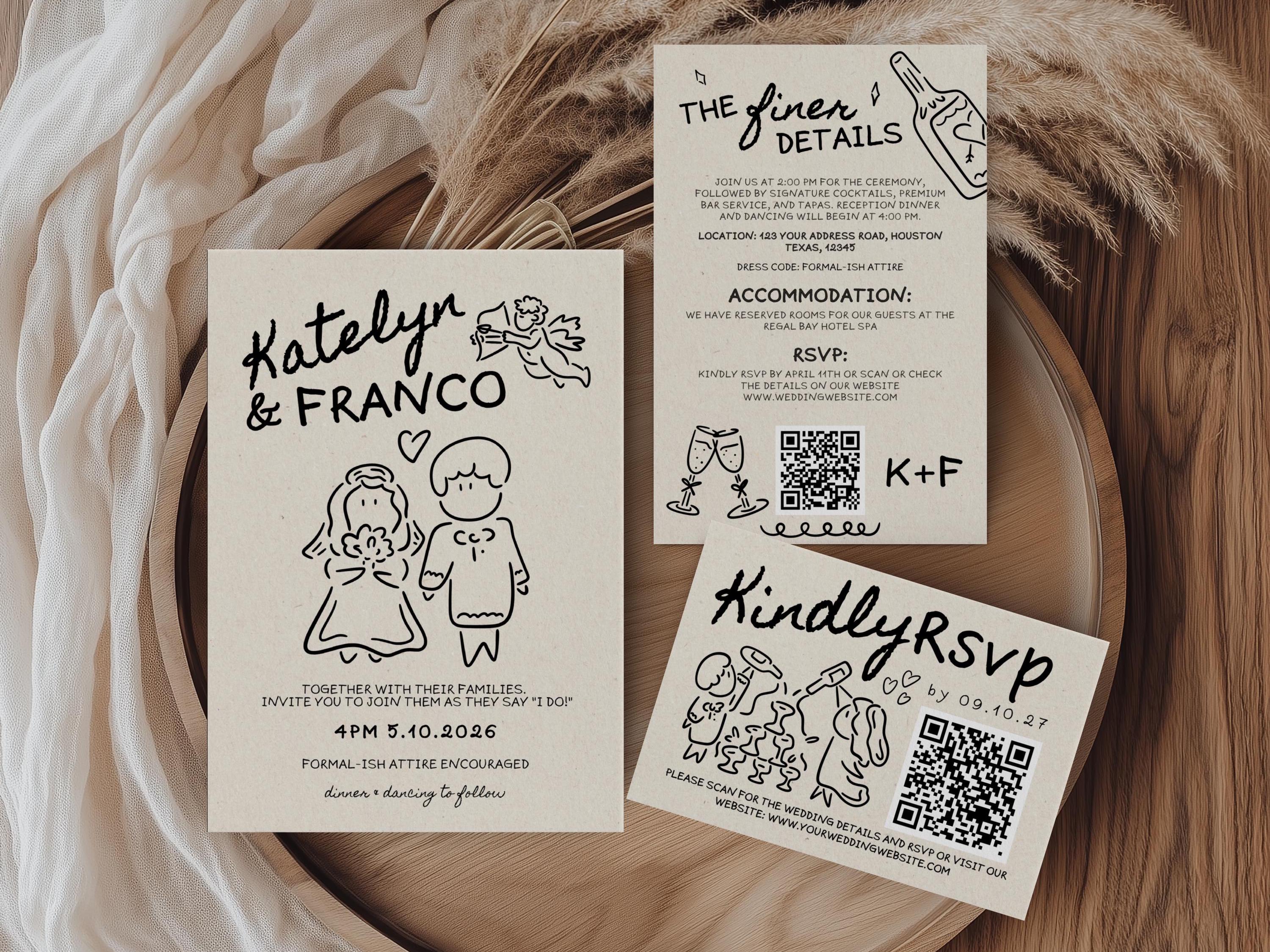 Hand Drawn Wedding Invitation Suite Template, Unique Handwritten Wedding Invite, Details RSVP Qr Card, Cute People Scribble Illustrations