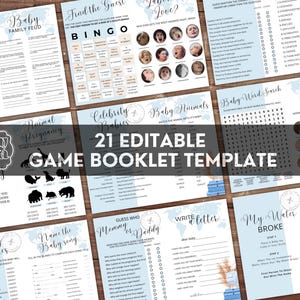 May include: A printable game booklet template for a baby shower. The template includes 21 different games with themes like "Baby Family Feud", "Celebrity Babies", "Baby Animals", "Baby Word Search", "Boobs or Butt", and "My Water Broke". The template is designed with a blue and white color scheme and features a world map graphic.
