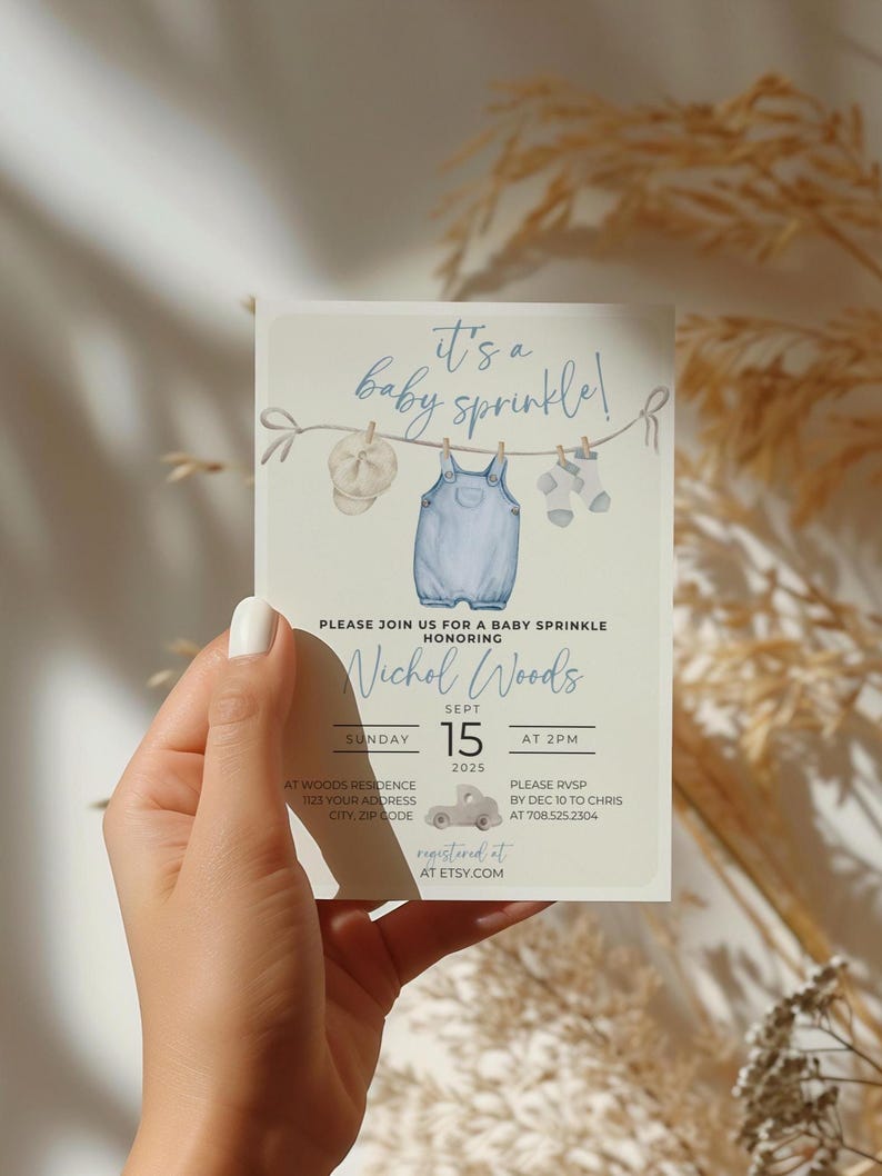 Blue Baby Sprinkle Invitation Template, Editable Baby Sprinkle Invite, Blue Baby Shower, Boho Baby Shower Invitation, BLU1 image 2
