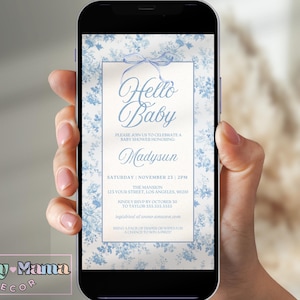 Editable Floral Toile De Jouy Baby Shower Evite Template, Vintage Garden Toile E-Invite, Text Message Blue Bow Toile Baby Shower Invitation