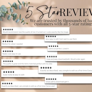 May include: A beige background with text and star ratings. The text reads "5 Star REVIEWS" and "We are trusted by thousands of happy customers with all 5-star ratings!" Several customer reviews are displayed with five-star ratings.