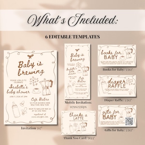Op de afbeelding: Een set van zes bewerkbare babyshower-sjablonen met een koffiethema. Bevat uitnodigingen, bedankkaarten en kaarten voor boeken, luierloterij en cadeaus. De ontwerpen bevatten koffiekopjes, babyflessen en een koffiezetapparaat.