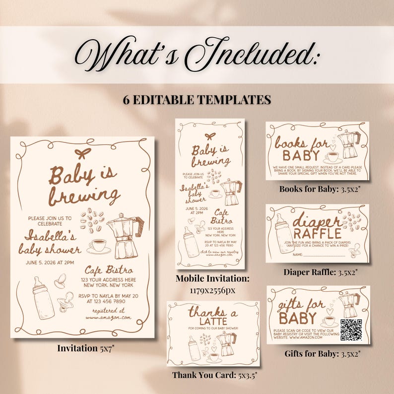 Op de afbeelding: Een set van zes bewerkbare babyshower-sjablonen met een koffiethema. Bevat uitnodigingen, bedankkaarten en kaarten voor boeken, luierloterij en cadeaus. De ontwerpen bevatten koffiekopjes, babyflessen en een koffiezetapparaat.
