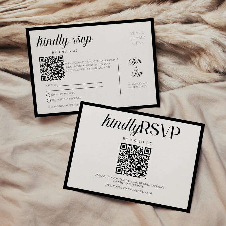 May include: Two black-bordered RSVP cards with the text "kindly RSVP" and a QR code. The cards include fields for names, acceptance, and dietary requirements. One card has the names "Beth + Rip" and an address. The cards are on a neutral background.