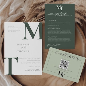 Sage Hochzeitseinladungsreihe, Sage Green Hochzeitseinladungsset mit QR-Code, enthält bearbeitbare Einladungen, Details, Rsvp QR-Kartenvorlage, SG01