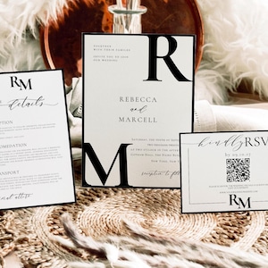 Suite de faire-part de mariage classique modifiable, comprend une invitation formelle, des cartes détaillées, un code QR RSVP, une invitation à un mariage moderne, noir et blanc