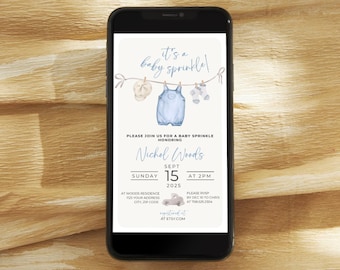 Editable Blue Boy Clothes Baby Sprinkle Evite, Boy Blue Text Message Invitation Template, Boho Blue Baby Shower Evite Template, BLU1