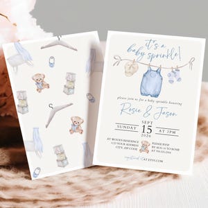 May include: Baby sprinkle invitation cards with watercolor illustrations of baby clothes, teddy bears, and blocks. The invitation text reads "It's a baby sprinkle!" and includes the names Rosie & Jason, date, time, and RSVP information.