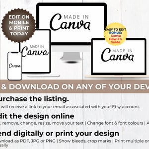 May include: A digital illustration of a computer, tablet, and smartphone, each displaying the text "Made in Canva". The image includes the text "Edit & Download on any of your devices" and a list of three steps: "Purchase the listing", "Edit the design online", and "Send digitally or print your design".
