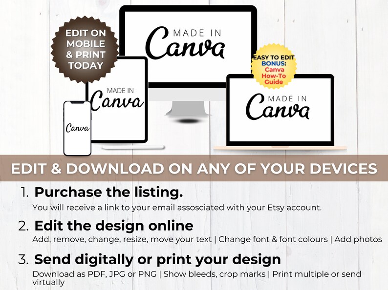May include: A digital illustration of a computer, tablet, and smartphone, each displaying the text "Made in Canva". The image includes the text "Edit & Download on any of your devices" and a list of three steps: "Purchase the listing", "Edit the design online", and "Send digitally or print your design".