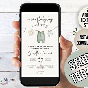 May include: A baby shower invitation with a green and white color scheme. The invitation features a clothesline with a baby hat, onesie, and socks hanging on it. The text on the invitation reads "a sweet baby boy is on his way!" and includes the date, time, and location of the shower. The invitation also includes the text "SEND VIRTUALLY! TEXT, EMAIL, STORIES" and "INSTANT DOWNLOAD".