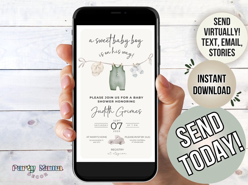 May include: A baby shower invitation with a green and white color scheme. The invitation features a clothesline with a baby hat, onesie, and socks hanging on it. The text on the invitation reads "a sweet baby boy is on his way!" and includes the date, time, and location of the shower. The invitation also includes the text "SEND VIRTUALLY! TEXT, EMAIL, STORIES" and "INSTANT DOWNLOAD".