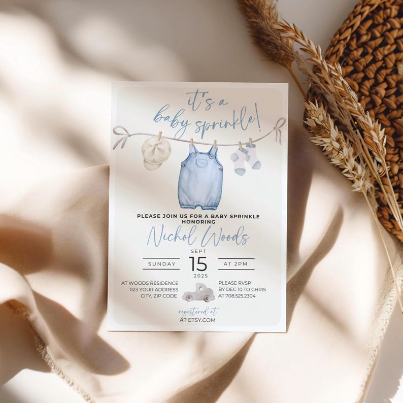 Blue Baby Sprinkle Invitation Template, Editable Baby Sprinkle Invite, Blue Baby Shower, Boho Baby Shower Invitation, BLU1 image 14