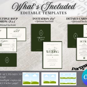 Może przedstawiać: Zestaw zaproszeń z edytowalnymi szablonami, w tym karty RSVP (12,7x8,9 cm), zaproszenia (17,8x12,7 cm) i karty ze szczeg&oacute;łami (10,2x15,2 cm). Projekt charakteryzuje się ciemnozieloną i kremową kolorystyką z elegancką typografią.