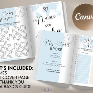 May include: A blue and white baby shower game booklet with 21 games, a front cover page, a back thank you page, and a Canva basics guide. The cover features a world map with a heart and the text "Name Our Baby".