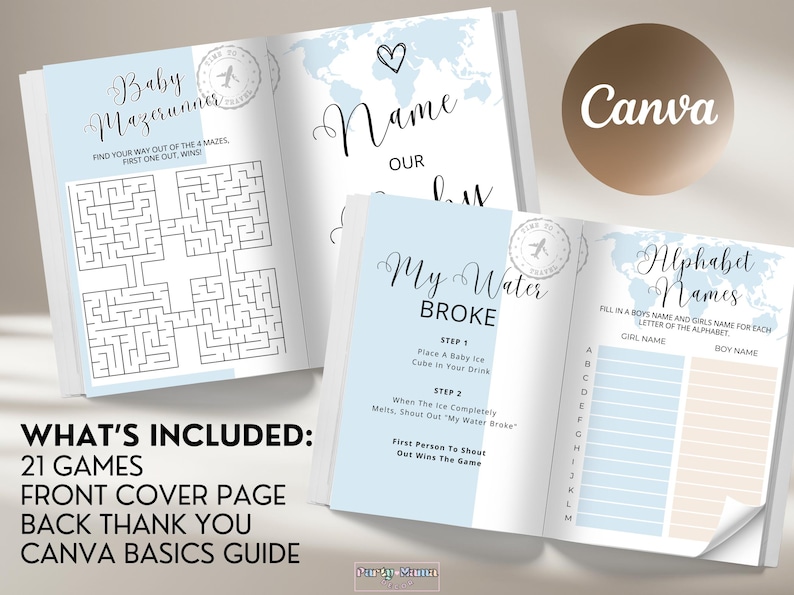 May include: A blue and white baby shower game booklet with 21 games, a front cover page, a back thank you page, and a Canva basics guide. The cover features a world map with a heart and the text "Name Our Baby".