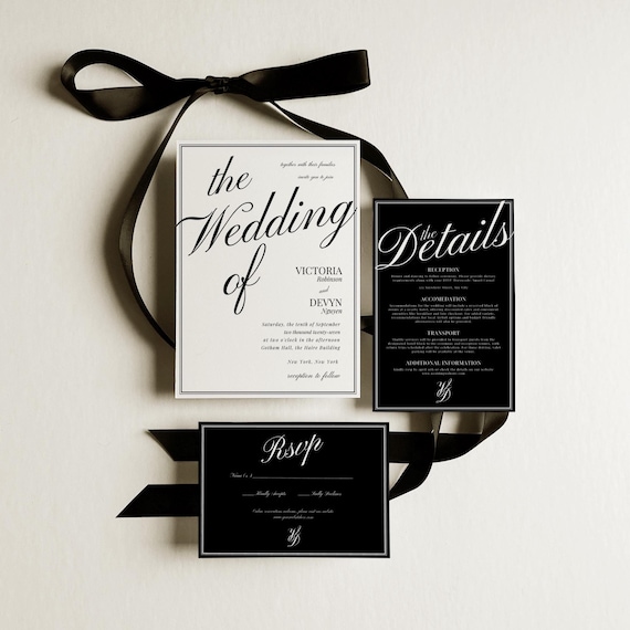 Luxury Wedding Suite Template Set, Editable Black and White Wedding Invites Suite, Modern Invite Bundle with QR Code, Elegant Theme