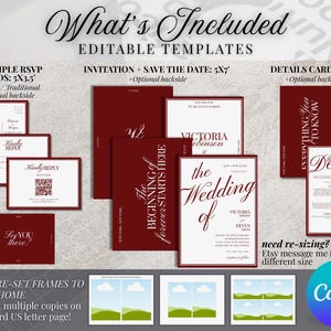 May include: A collection of editable wedding invitation templates in burgundy and white. Includes RSVP cards, invitation, save the date, and details card. The text "What's Included" and "Editable Templates" are at the top. The Canva logo is visible.