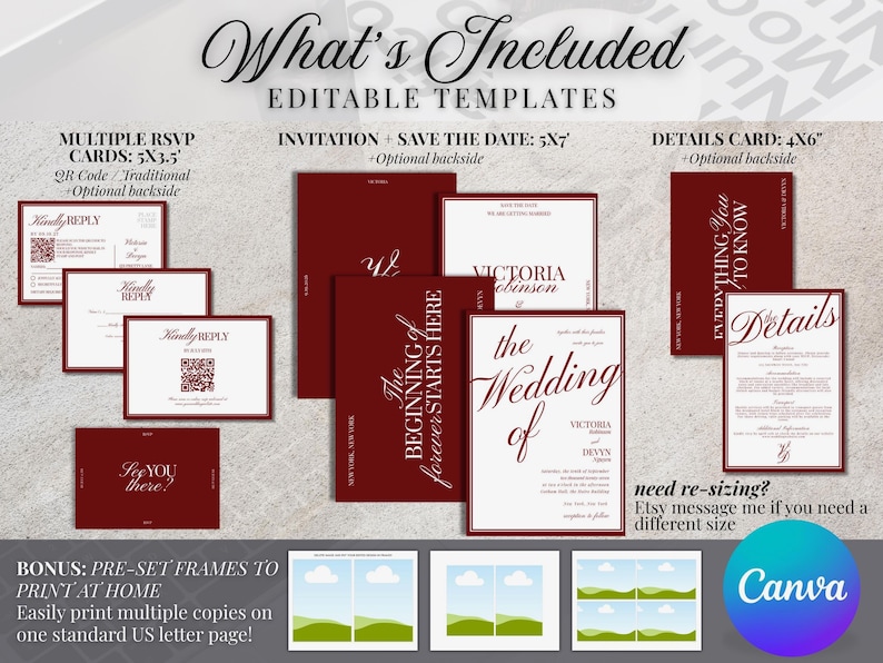 May include: A collection of editable wedding invitation templates in burgundy and white. Includes RSVP cards, invitation, save the date, and details card. The text "What's Included" and "Editable Templates" are at the top. The Canva logo is visible.