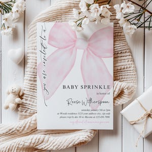 Elegant Pink Baby Sprinkle Invitation Template, Editable Blush Pink Bow Baby Shower Invitation, Watercolor Ribbon Baby Girl Shower
