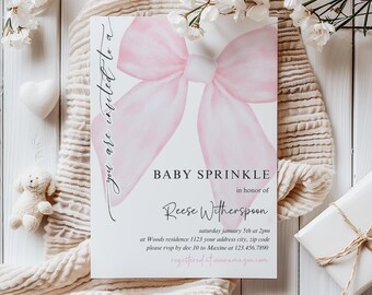 Elegante rosa Baby Sprinkle Einladungsvorlage, bearbeitbare Blush rosa Schleife Babyparty Einladung, Aquarell Band Baby Girl Party