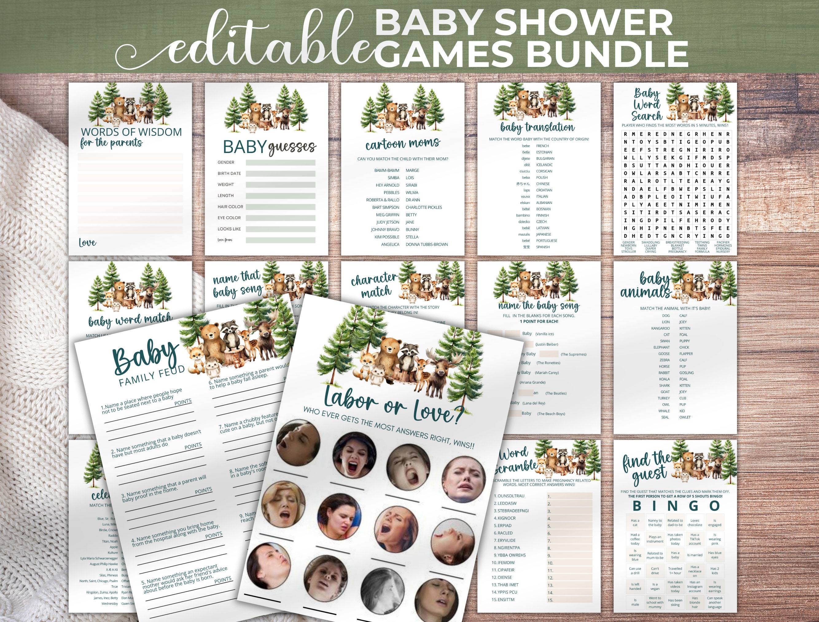 Paquete de juegos de baby shower de Woodland / Juego de juegos de baby shower de animales del bosque / Bingo Mommy o Daddy Family Feud / Juegos de Woodland editables / WDL1