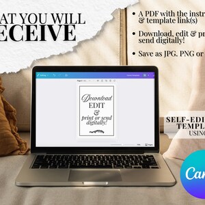 May include: A laptop displaying a digital template with the text "Download, Edit & print or send digitally!". The image also includes the text "What You Will Receive" and "Self-Editable Template Using Canva".
