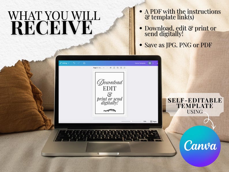 May include: A laptop displaying a digital template with the text "Download, Edit & print or send digitally!". The image also includes the text "What You Will Receive" and "Self-Editable Template Using Canva".