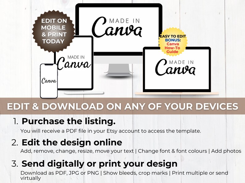 May include: Image showcasing a design template on various devices: a smartphone, tablet, laptop, and desktop computer. The text "MADE IN Canva" is displayed on each screen. Additional text includes "EDIT ON MOBILE & PRINT TODAY" and "EDIT & DOWNLOAD ON ANY OF YOUR DEVICES".