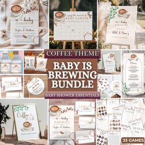 Coffee Baby Shower Bundle, Baby is Brewing Template, Coffee Theme Games & Signs, Coffee Bean Baby Shower Decor, Instant Download