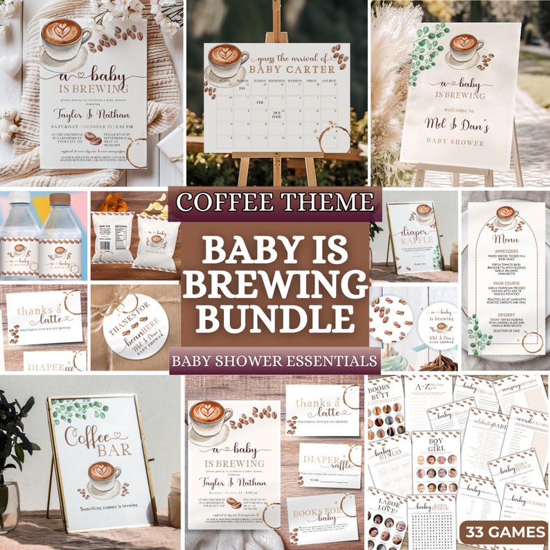 Editable Coffee Bean Baby Shower Bundle featuring A Baby is Brewing theme. Customizable coffee-themed baby shower templates, including invitations, signs, and games. Perfect for coffee lovers. Instant download for easy editing and printing.
