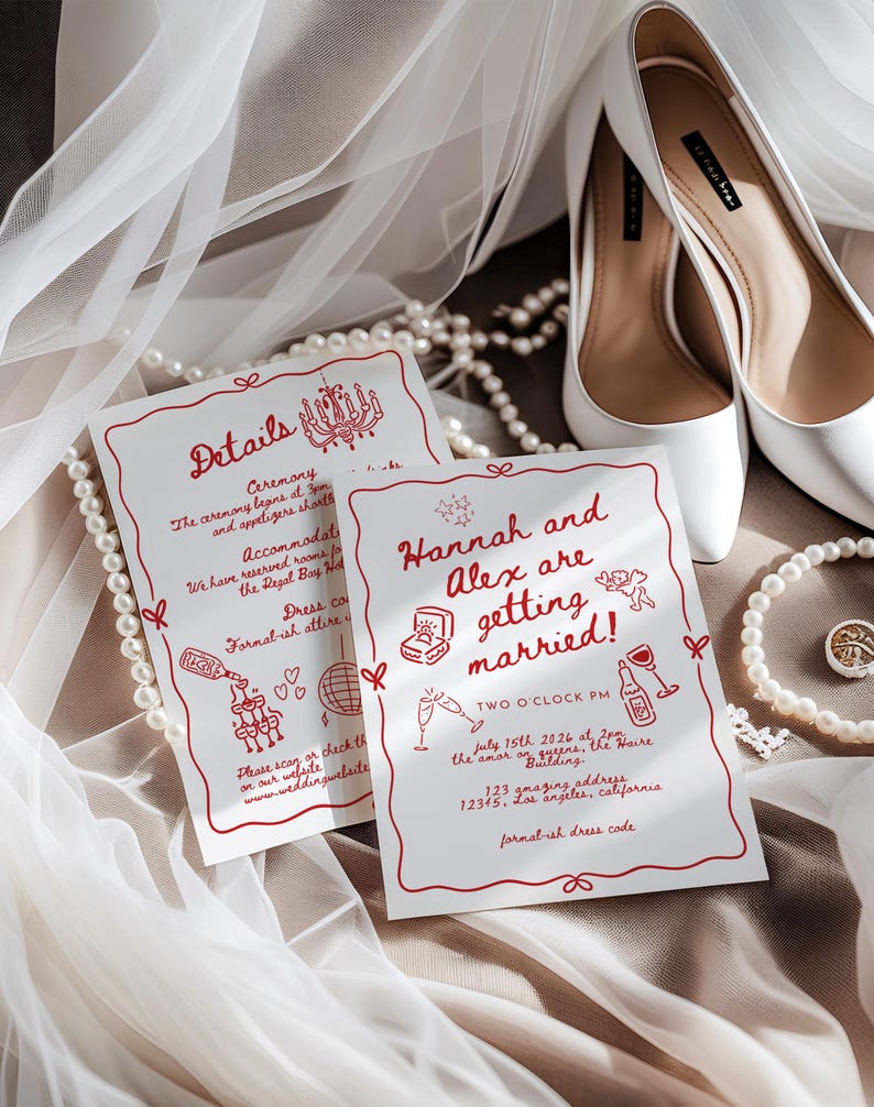 Wedding Invite Template, Editable Hand Drawn Double Sided Doodle Illustrated Invitation, Colorful Handwritten Details Rsvp with QR Code, 610 image 2