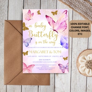 May include: A pink and purple baby shower invitation with a gold glitter background and butterflies. The text reads "a baby Butterfly is on the way" and includes the names "Margaret & Tom".