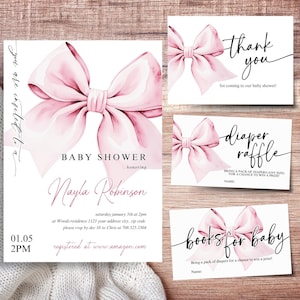 Modelo de convite com laço rosa, conjunto de convites para chá de bebê com estampa de coquete editável, cartão de agradecimento rosa, rifa de fraldas, livros para bebês, P610
