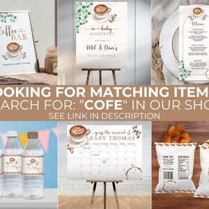 Puede incluir: Un conjunto de decoraciones imprimibles para una fiesta de baby shower con tem&aacute;tica de caf&eacute;. Las decoraciones incluyen un cartel de bienvenida, un men&uacute;, un cartel de barra de caf&eacute;, etiquetas para botellas de agua y etiquetas para bolsas de patatas fritas. El texto en los carteles dice "Un beb&eacute; est&aacute; en proceso de elaboraci&oacute;n" y "Barra de caf&eacute;".