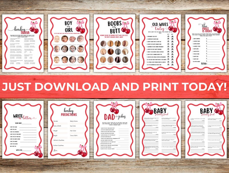 Printable Cherry on Top Baby Shower Games, Cherry Old Wives Tales